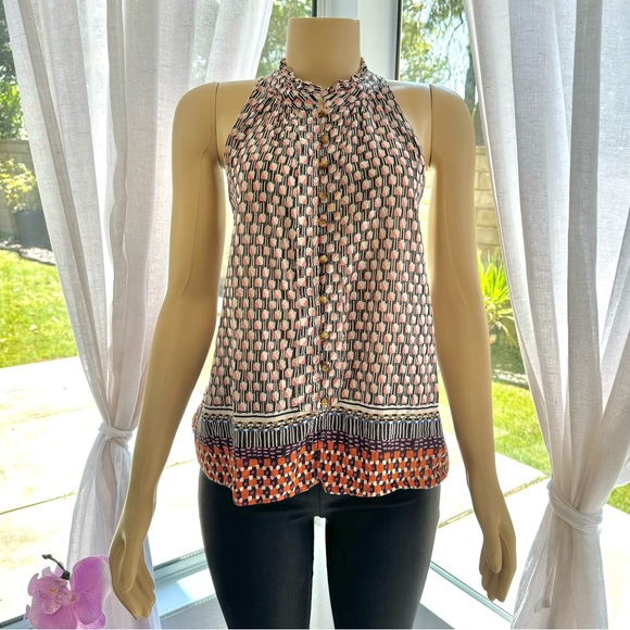 Maeve Women's Prema Sleeveless Button Tank Boho Ethnic Mixed Print Ruffle Size L - Picture 5 of 15